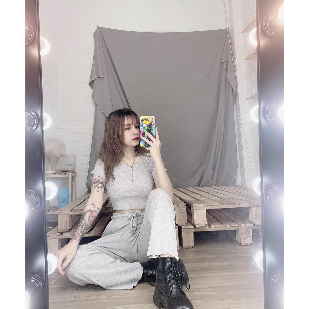 Set bộ nữ áo thun cổ tròn tay ngắn dáng croptop phối quần ống rộng cực thể thao trẻ trung năng động