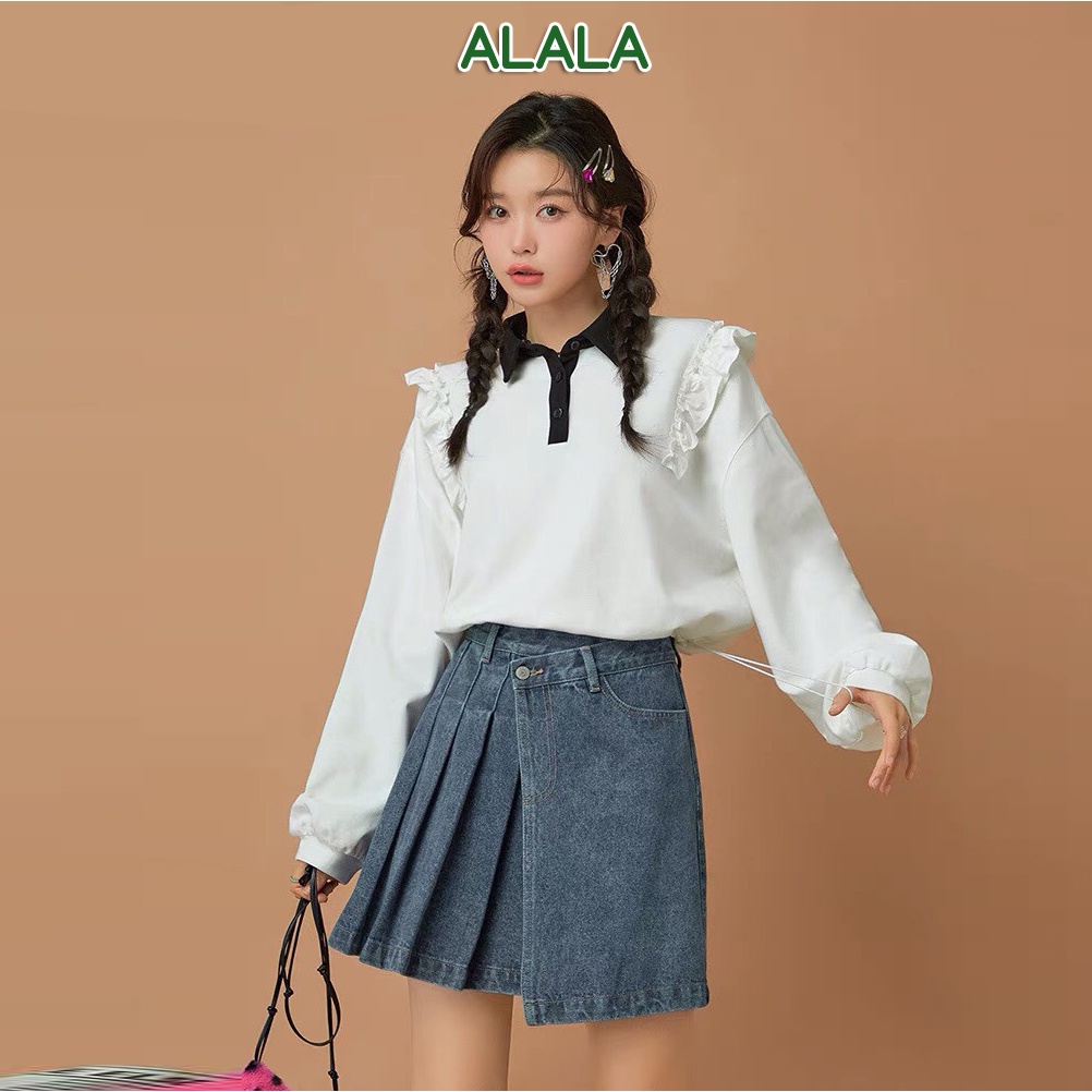 Áo polo dài tay nữ nhún vai dây rút áo kiểu phong cách Hàn Quốc hàng thiết kế ALALA