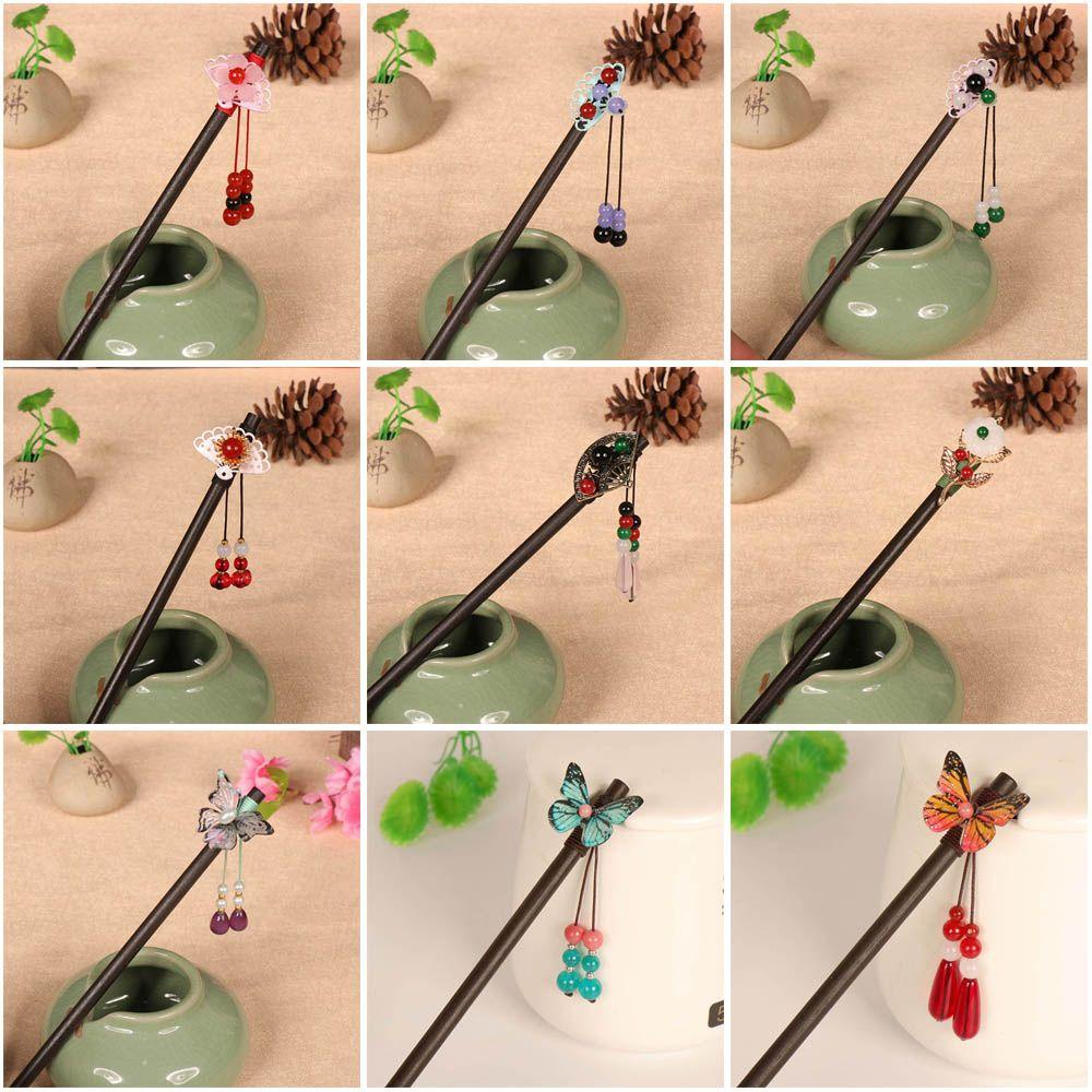 Trâm Cài Tóc Bằng Gỗ Mun Đính Hoa Phối Tua Rua Thời Trang