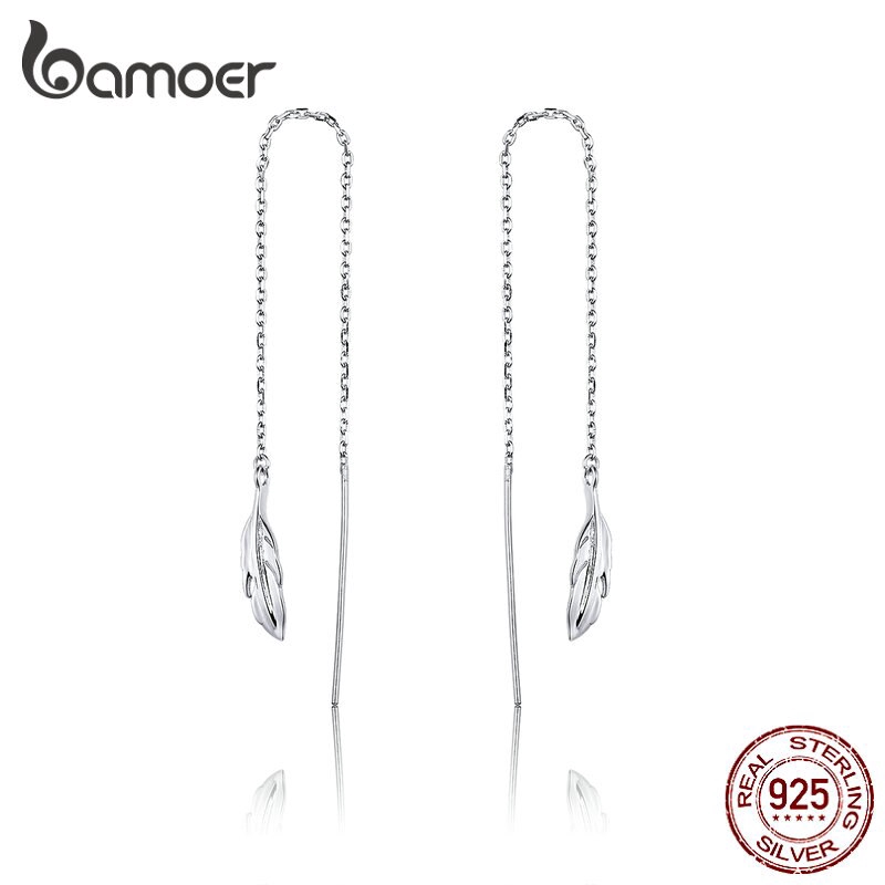Bông Tai Bamoer SCE786 Dạng Tua Rua Dài Mặt Hình Lông Vũ Dành Cho Nữ