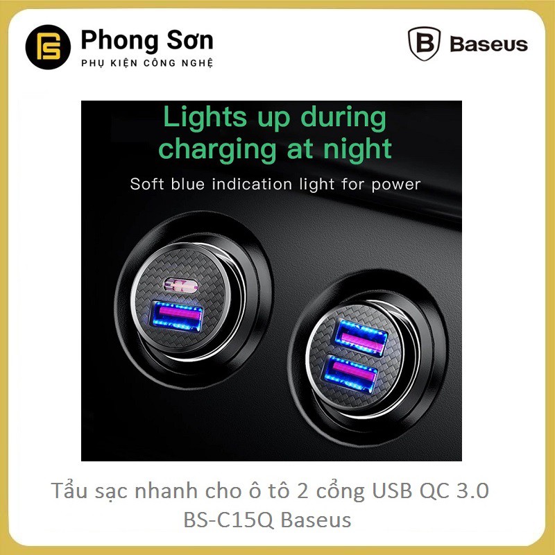 Tẩu sạc ô tô, xe hơi Baseus BS-C15Q công suất 30W 2 cổng USB , Sạc nhanh QC 4.0 /3.0 cho điện thoại- Bảo hành 12 tháng