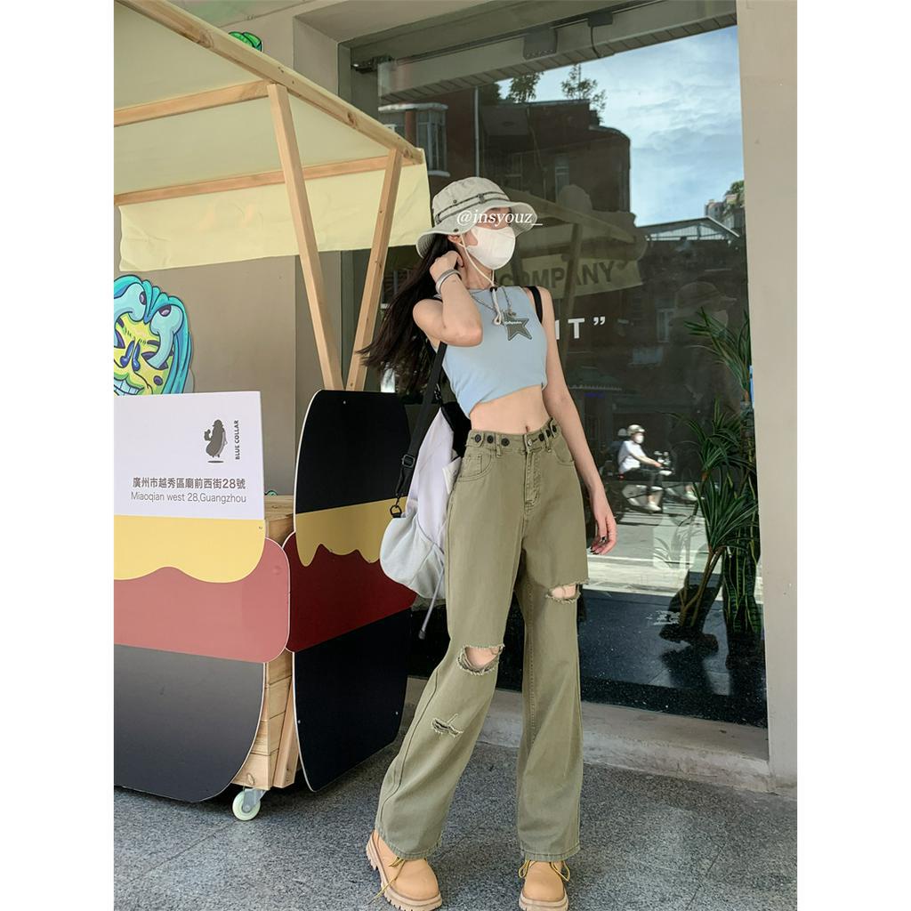 「 WELOVE1 」Quần Jean Dài Dáng Rộng Lưng Cao Phối Rách Kiểu Mỹ Thời Trang Mùa Hè Cho Nữ