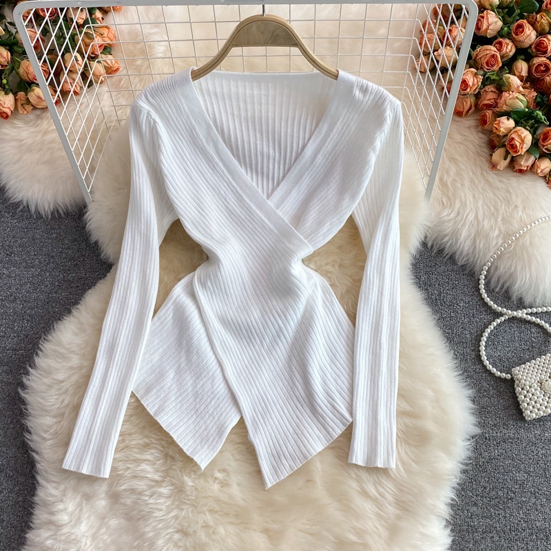 Áo dệt kim dài tay cổ V dáng mỏng thời trang cho nữ