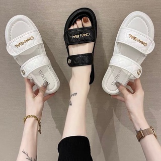Sandal học sinh chữ ch.a. ne quai ngang đế êm chân cho nữ hai màu đen/ trắng,dép lê 2 quai ngang
