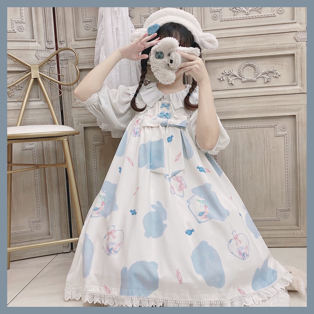 Đầm in hình thỏ màu kẹo phong cách lolita đáng yêu