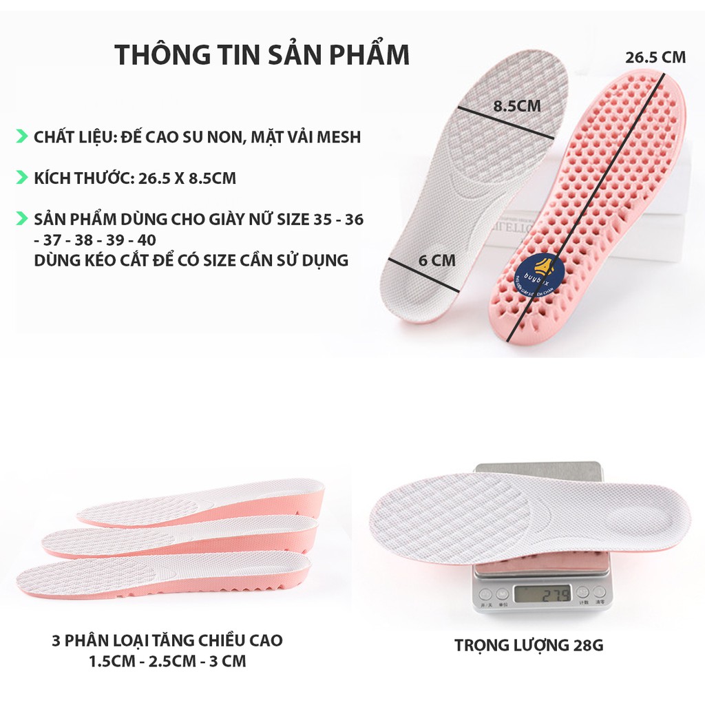 Lót giày độn đế tăng chiều cao 1.5cm, 2.5cm, 3cm đế cao su dẻo dập tổ ong thoáng khí - Hồng xám cho nữ - buybox -BBPK156