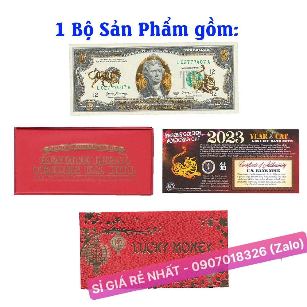 Tiền 2 USD Hình Con Mèo Vàng 3D 2023 Lì Xì Tết, kèm bao da đỏ, sưu tầm lưu niệm, quà Tết, trang trí