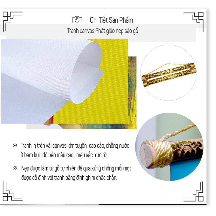 Tranh Liễn Phật Giáo - Quan Thế Âm Bồ Tát – Vải canvas kim tuyến nẹp sáo gỗ tự nhiên nhiều size nhiều mẫu thiết kế