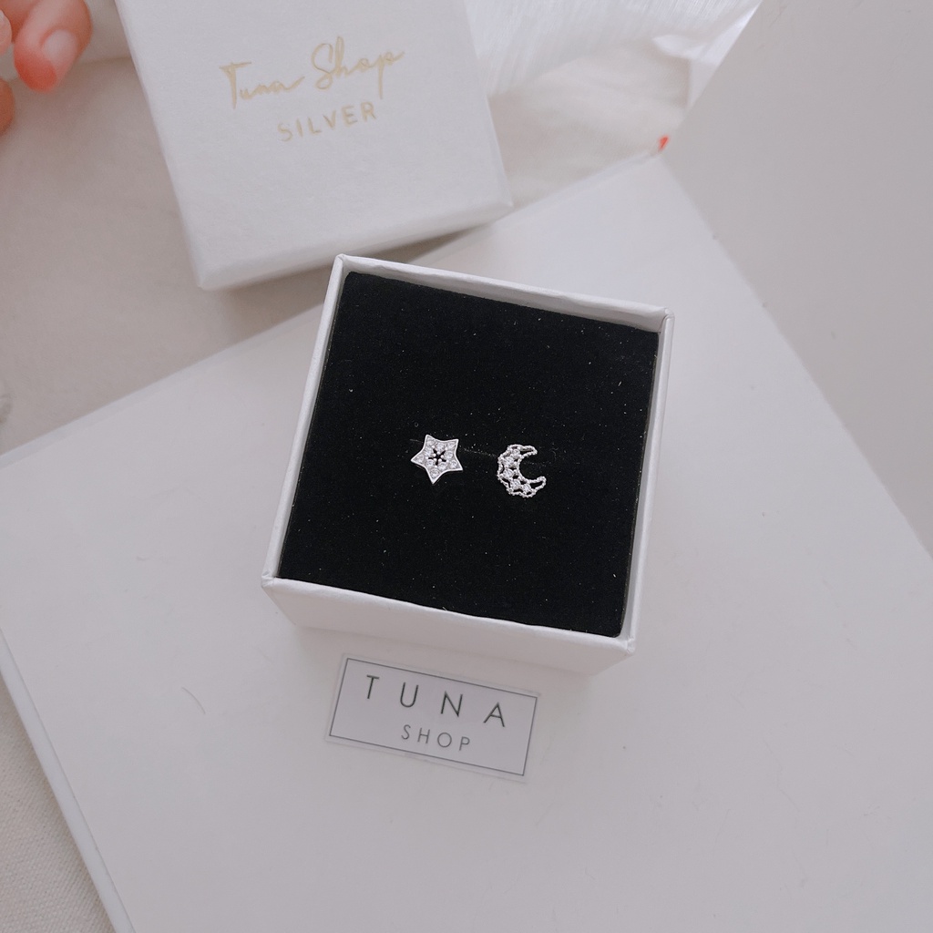 Khuyên tai trăng sao gắn đá TUNA SILVER bạc cao cấp