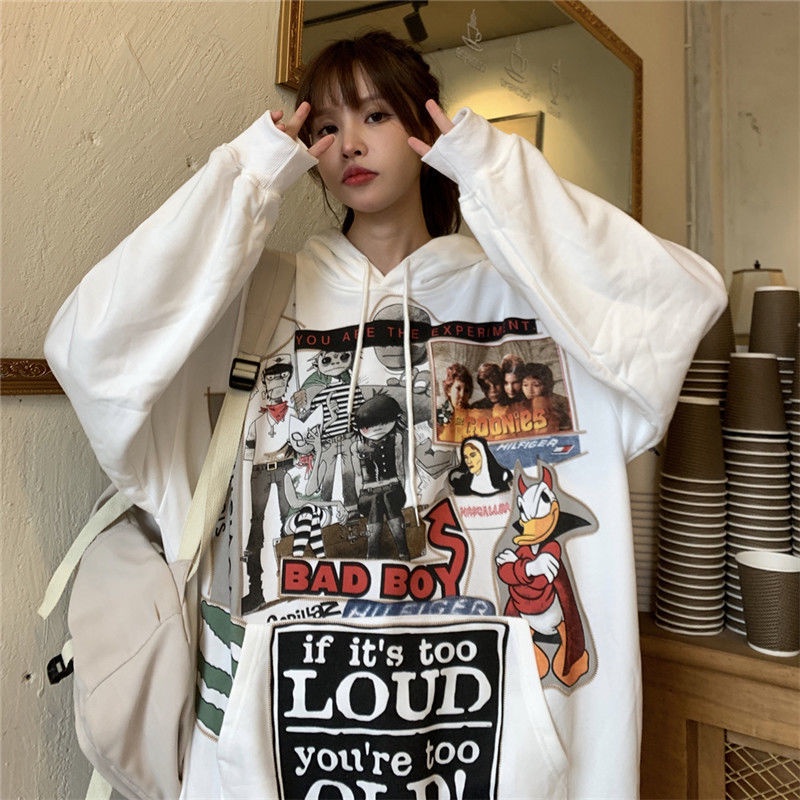 Women's retro street style cartoon printed oversized hoodie