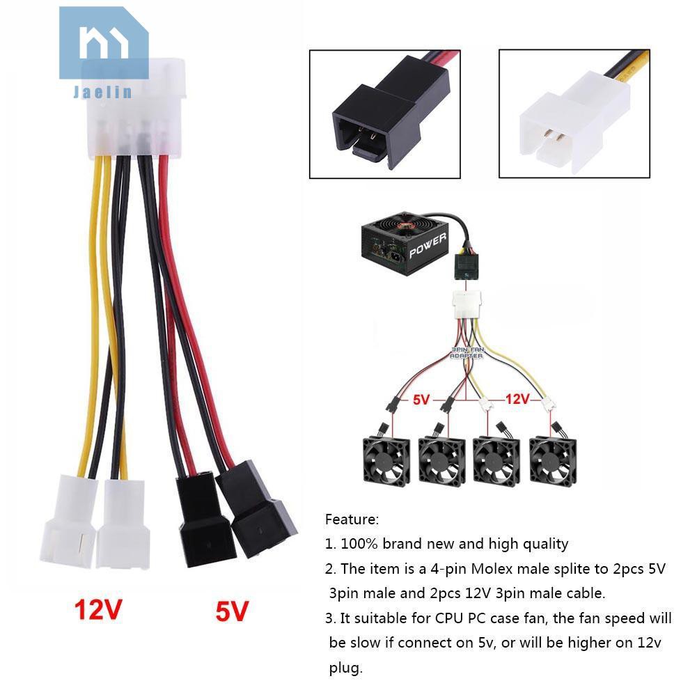 Jae 1pc 4-Pin Molex to 3-Pin fan Power Cable Adapter Connector 12v*2 / 5v*2