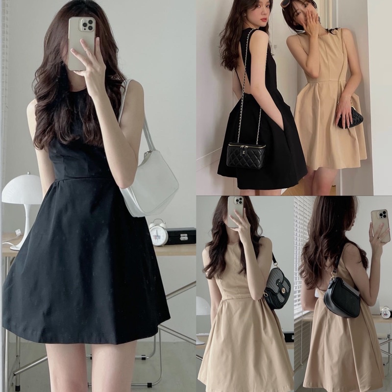 VÁY Kaki mềm KHOÉT LƯNG dáng xoẻ siêu xinh Đầm sát nách hở lưng tôn dáng