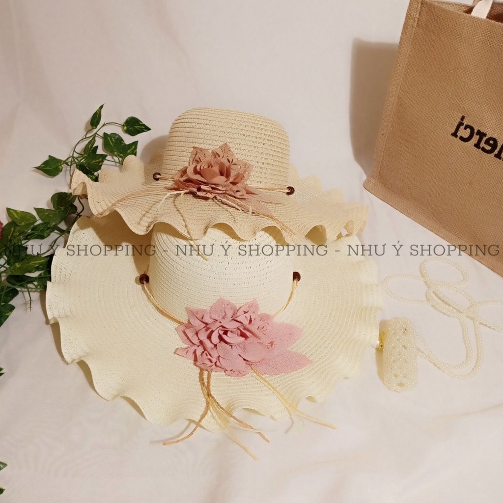 Nón cói,mũ cói nữ đi biển vành nhỏ gợn sóng mix hoa xinh đẹp mùa hè hình thật_gợn sóng nhỏ hoa lazer