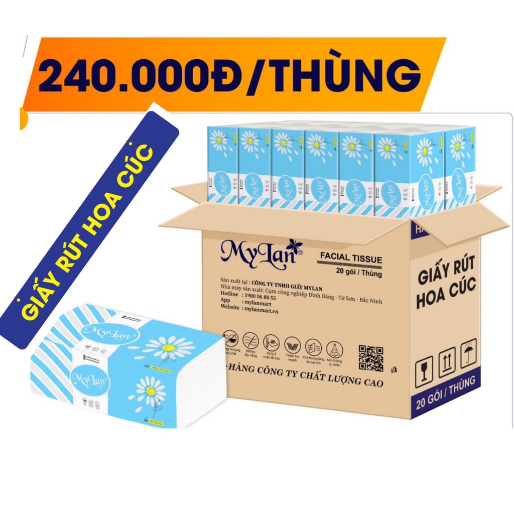 1 Thùng  Khăn giấy ăn Hoa Cúc 4 Lớp Mylan  dạng rút Tiết Kiệm,Siêu Dai,Siêu Mềm Mịn-Hàng xuất khẩu