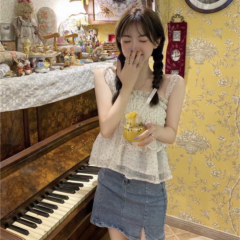 Áo Lửng Không Tay Họa Tiết Chấm Bi Thời Trang Mùa Hè Quyến Rũ Cho Nữ