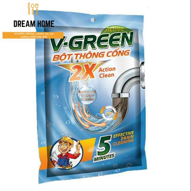 Bột Thông Cống V-GREEN 110G - Thông Tắc Cống, Đường Ống, Bồn Cầu, Bồn Rửa mặt - Xử lý Triệt để cặn bã, chất Hữu Cơ