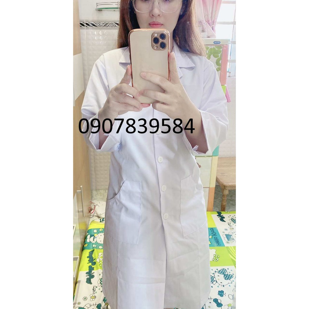 Áo blouse bác sĩ, thẫm mỹ, spa tay dài thân dài ngang đùi nam/nữ, vải đẹp