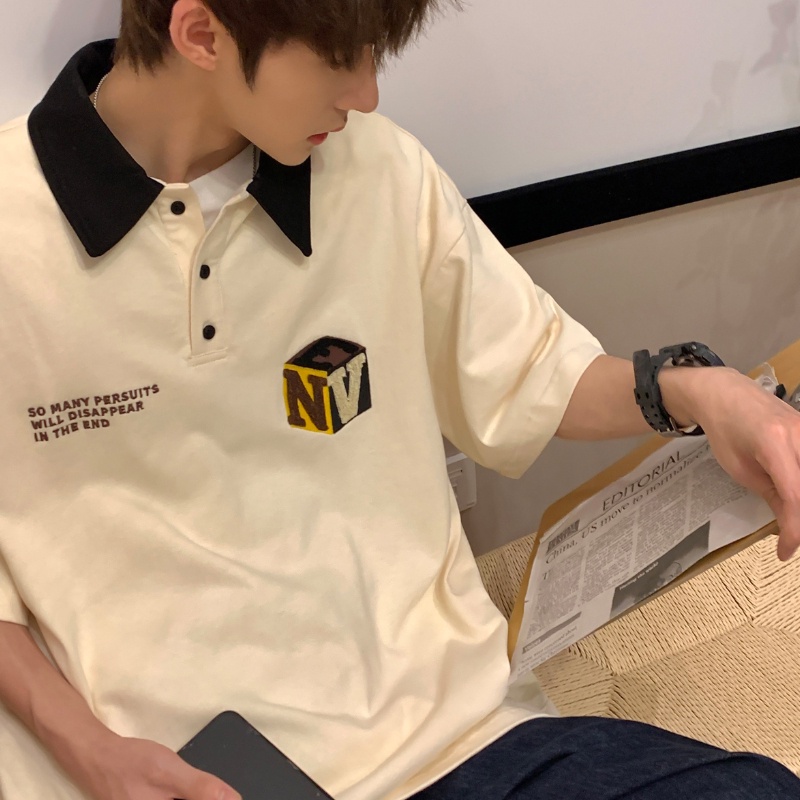 Áo Sơ Mi POLO Tay Ngắn Dáng Rộng In Chữ Thời Trang Hàn Quốc Cho Nam Size M-2XL