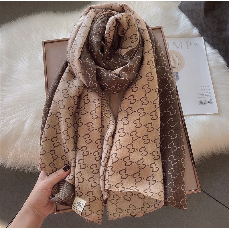 Khăn Choàng Vải Lanh Cao Cấp,Họa Tiết Chữ Cái Màu Nâu, Bản To 180*90,Khăn Lụa Mỏng - KQC7