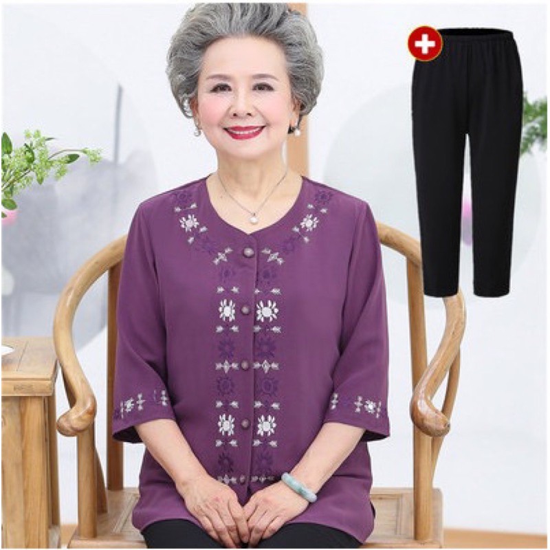 Bộ đồ trung niên hoa văn thêu - Quần áo cho người lớn tuổi (màu tím)
