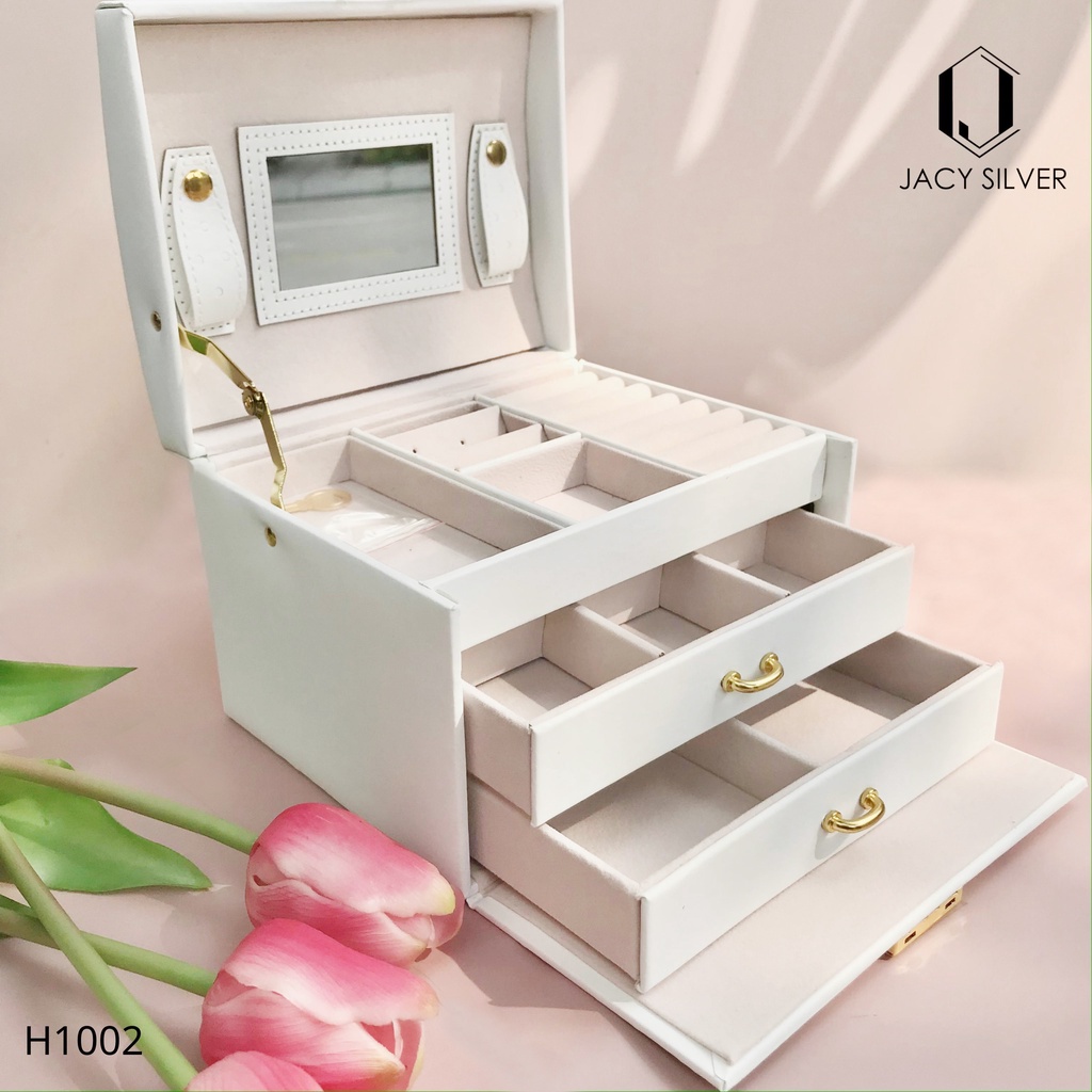 Hộp đựng trang sức 3 tầng kèm gương cao cấp, hộp đựng dây chuyền, vòng tay, nhẫn H1002