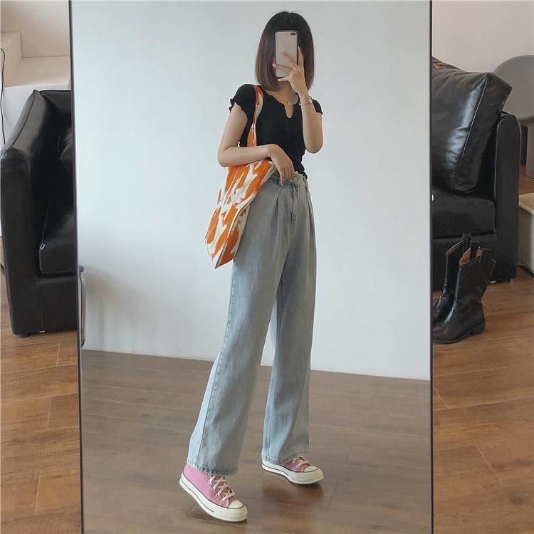 Quần jean lưng cao dáng rộng phong cách retro Hàn Quốc dễ phối đồ