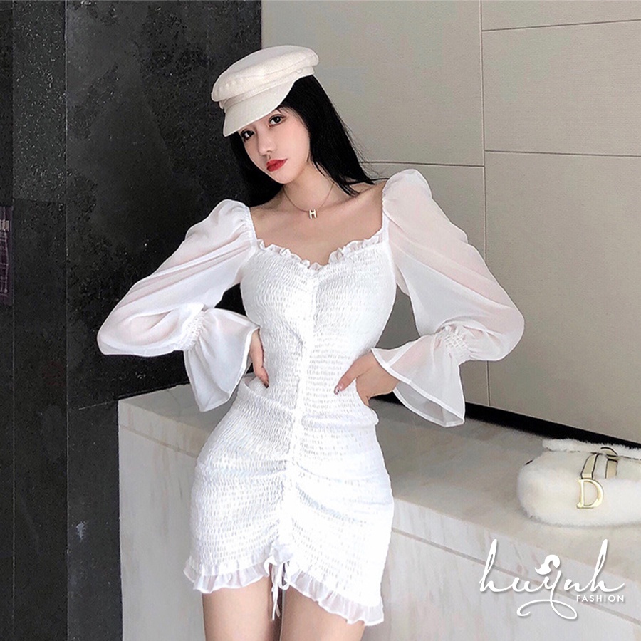 Váy body nhún dài tay, đầm body tay phồng đuôi cá cao cấp có ảnh thật - DNTD01