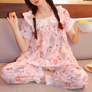 Set bộ mặc nhà nữ viền ren hoa quảng châu
