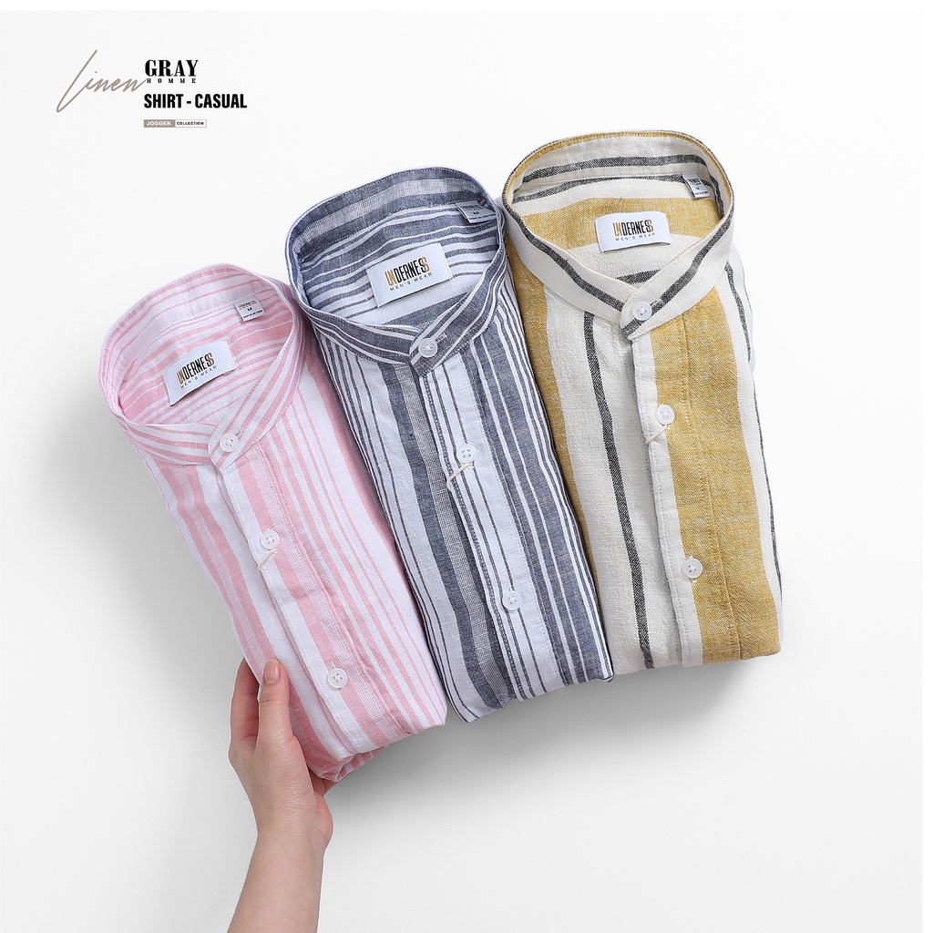 Áo Sơ Mi Nam Dài Tay Cổ Tàu (6 màu) GRAYHOMME linen kẻ sọc cá tính chất vải đũi thoáng mát - TB122
