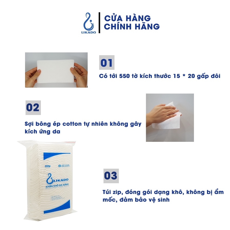 Khăn khô đa năng likado 400g kích thước 15x20cm thấm hút tốt không mùi cho mẹ và bé - SET 2 GÓI