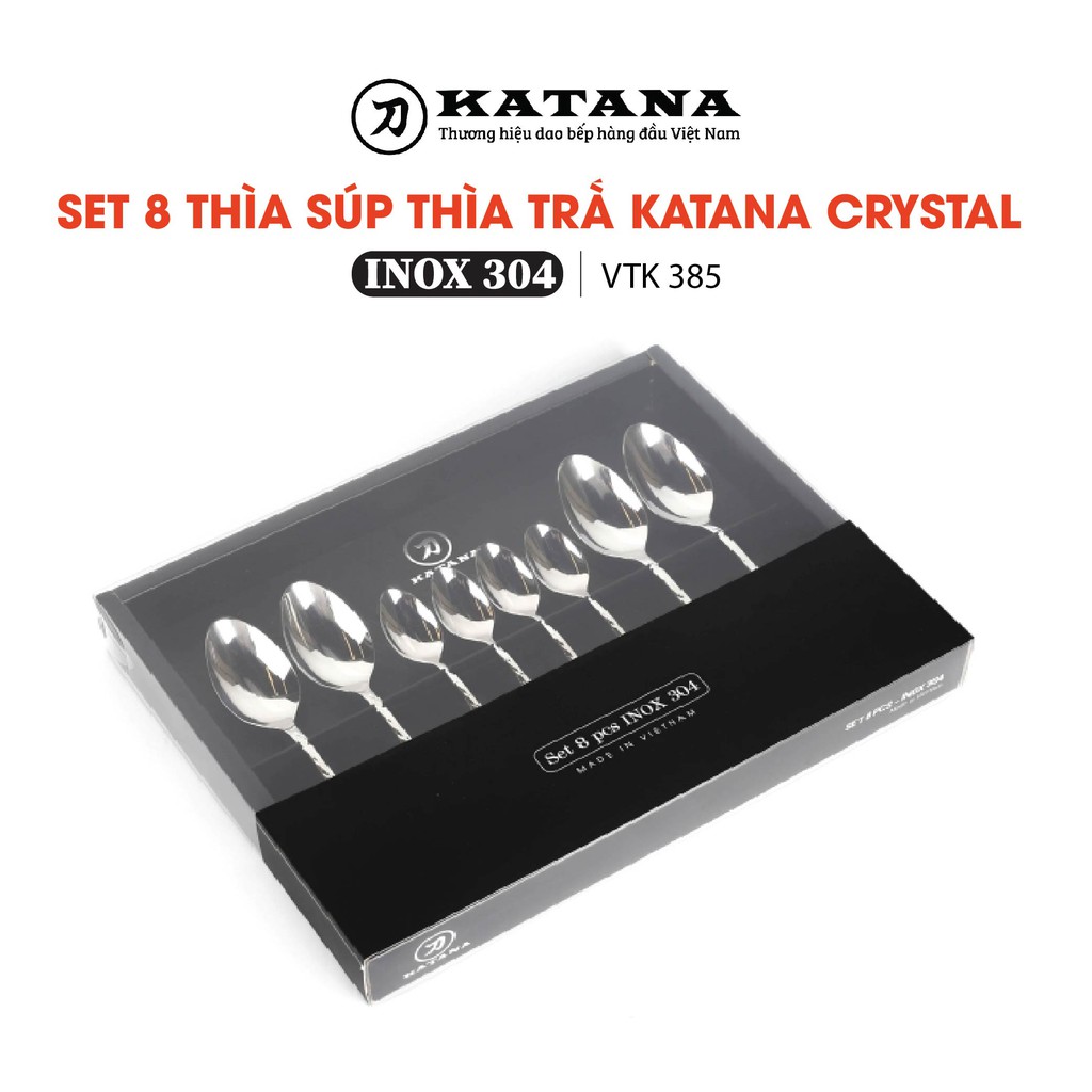 Set 8 món bàn ăn cao cấp inox 304 KATANA (4 thìa súp + 4 thìa trà) - vân trám chống bám vân tay VTK385