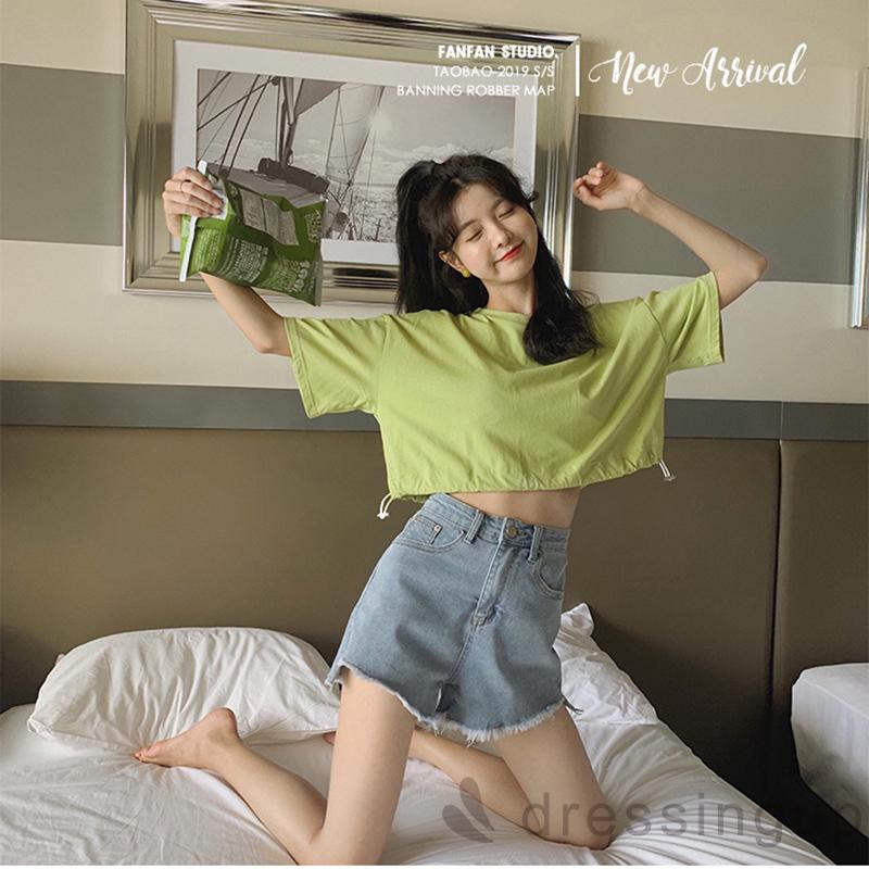 Áo Thun Tay Ngắn Cổ Tròn Màu Trơn Thiết Kế Đơn Giản Dành Cho Nữ