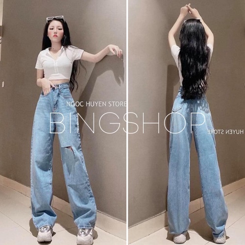 Quần jeans nữ ống suông rộng Unisex rách đùi lưng cao chất đẹp BIngshop