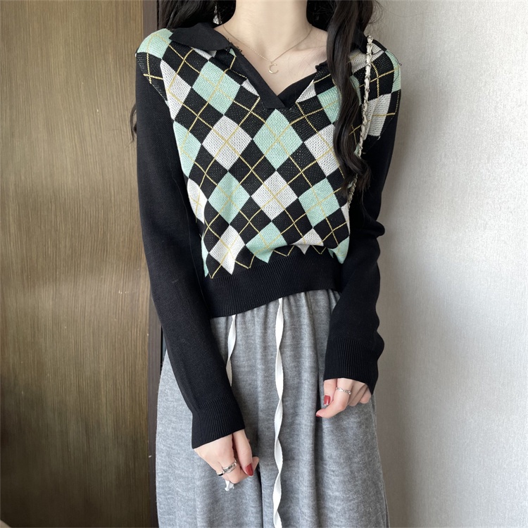 Áo len ZHELIHANGFEI cổ polo họa tiết hình thoi theo phong cách Mỹ dễ phối đồ