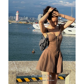 Cocorygirl Đầm Mini Nữ Dáng Chữ A Trễ Vai Phối Khoá Kéo Gợi Cảm