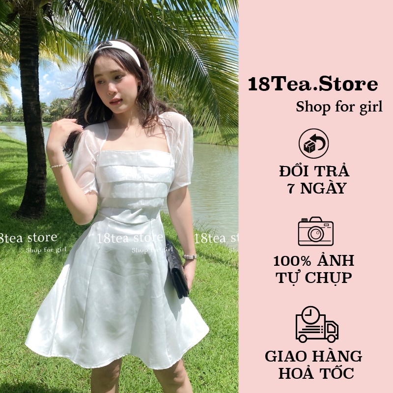 Đầm dự tiệc Lyna Dress 18teastore đầm cổ vuông ngực xếp li thắt nơ lưng phối tay voan màu trắng