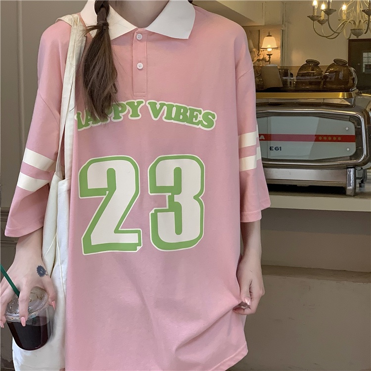 Áo polo Tay Ngắn Dáng Rộng Họa Tiết Kẻ Sọc In Chữ Phong Cách Hàn Quốc Thời Trang Cho Nữ