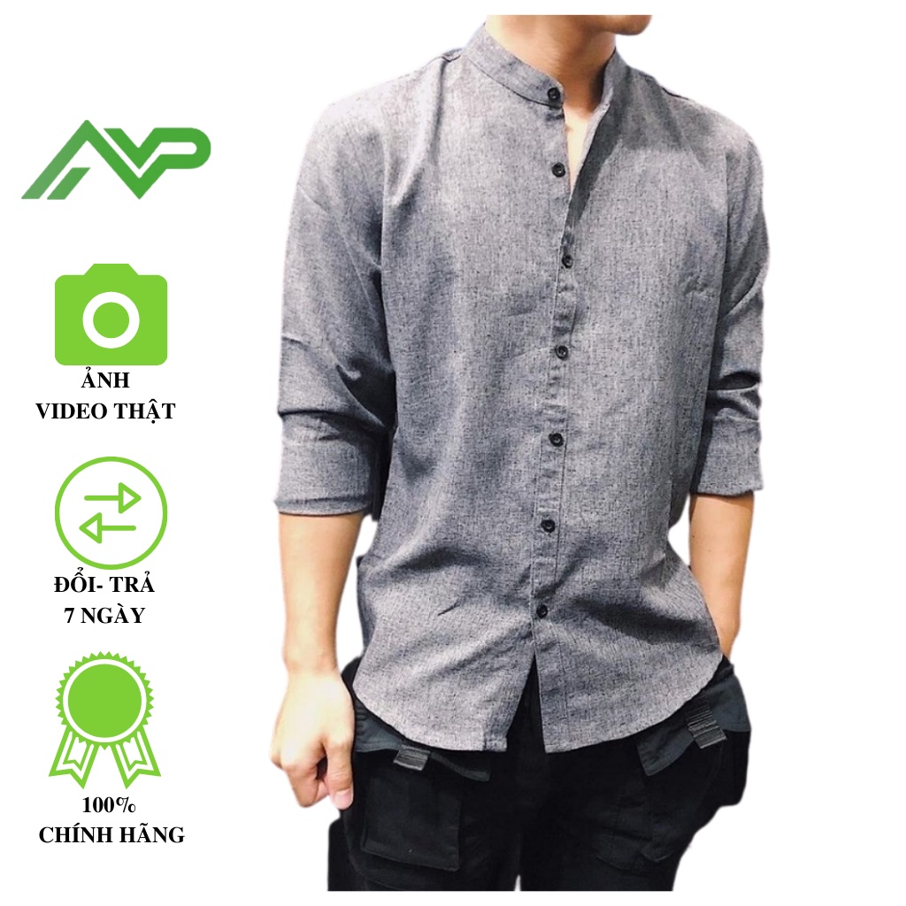 Áo sơ mi đũi cổ tàu NPV chống nhăn, sơ mi nam dáng ôm màu xám tiêu chất vải đũi trẻ trung