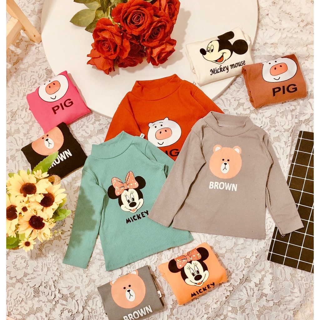 Áo cotton len tăm cổ 3 phân cho bé trai bé gái 7-18kg