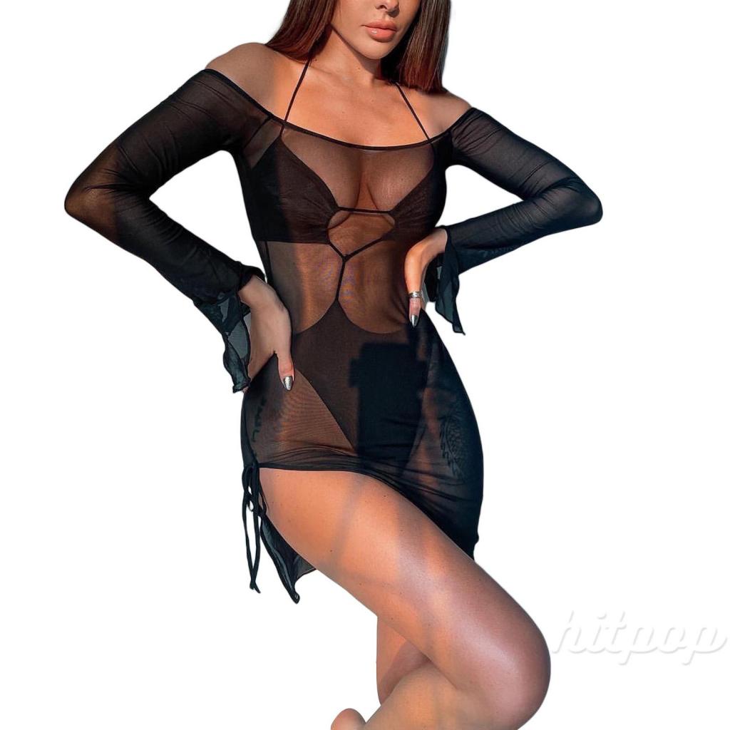 Hitpop-Women’s Casual Long Sleeve Dress Fashion Perspective Mesh Yarn Tie-up Slit Skinny Dress