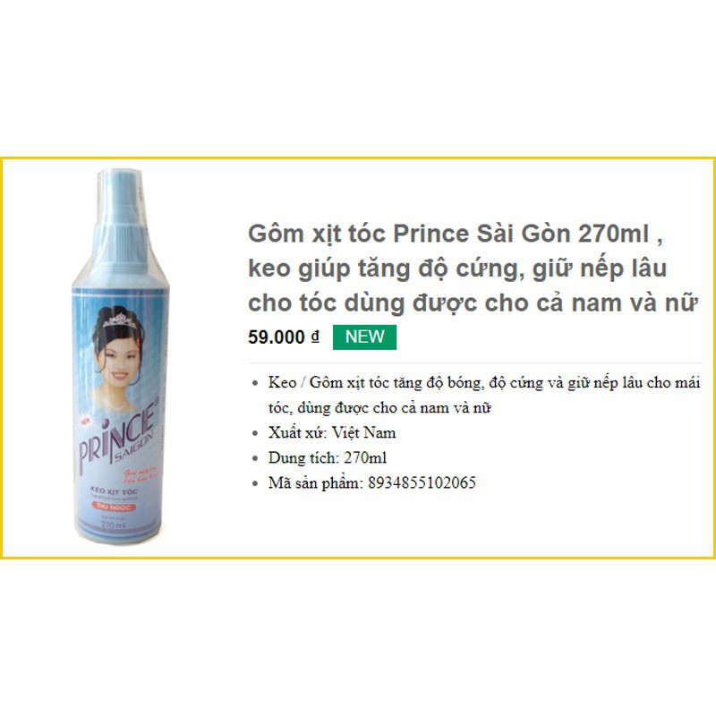 Keo xịt tóc Prince Sài Gòn, gôm vuốt Thu Ngọc giúp cứng, bóng tóc cho nam nữ, giữ nếp lâu 270ml - Hàng nhập khẩu