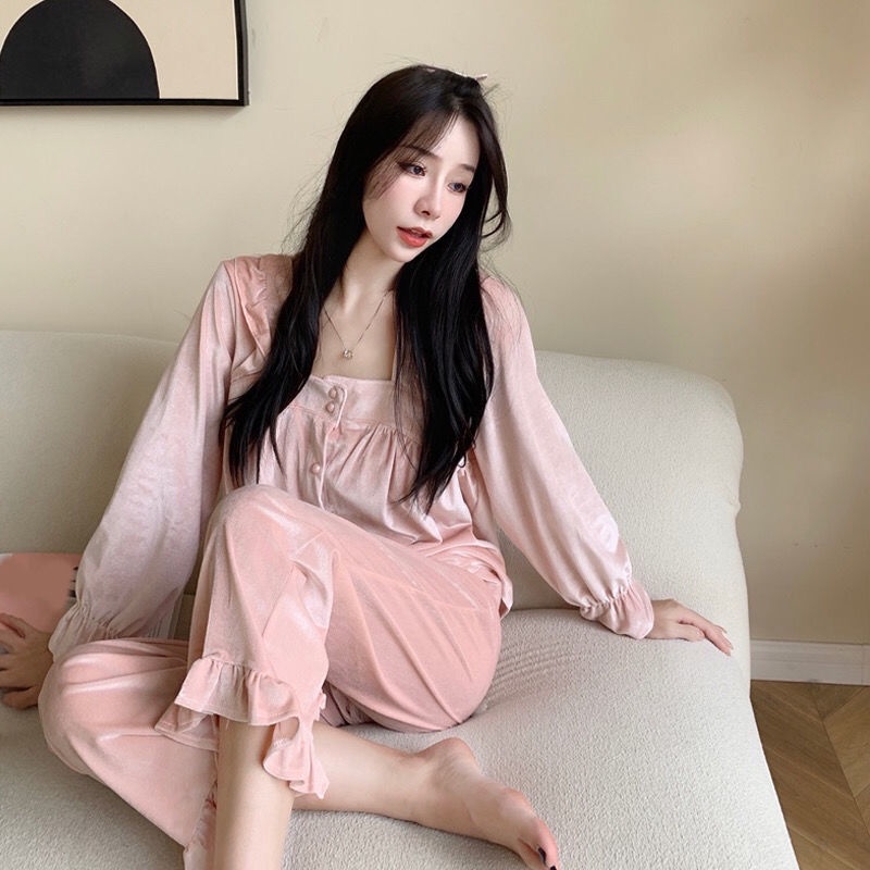 Bộ đồ ngủ chất nhung mỏng chui đầu phong cách công chúa ngọt ngào thời trang thu đông mới cho nữ