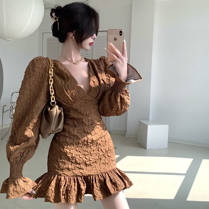 Đầm chữ A tay dài phồng cổ chữ V phong cách Trung Hoa thời trang thu đông