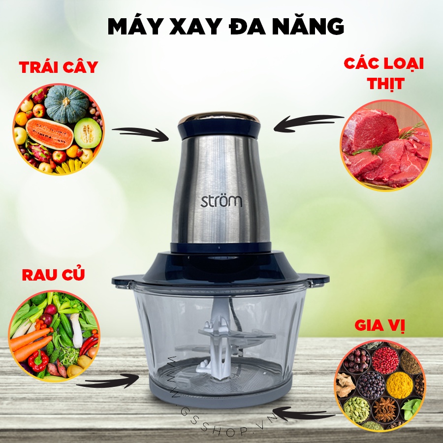 áy Xay Thịt Đa Năng 2L Cối Inox 304, 4 Lưỡi Dao Thép Không Gỉ, Say Sinh Tố Thịt, Cá, Rau Củ Hoa Quả.
