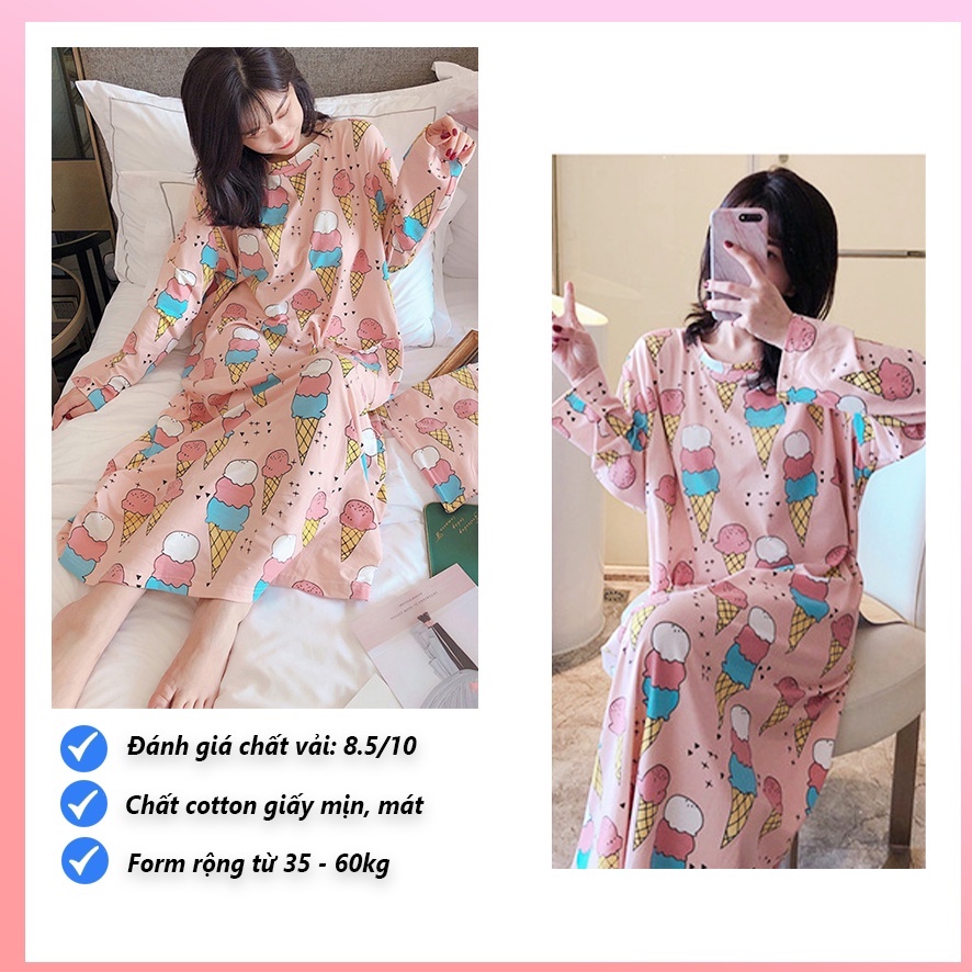 Váy ngủ dài tay đầm ngủ nữ dễ thương dáng suông bigsize chất cotton mềm mát họa tiết hoạt hình VNH-G01