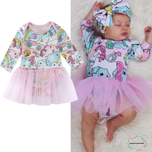 ღWSVღToddler Baby Kid Girl Long Sleeve Unicorn Print Party Pageant Dress Clothes