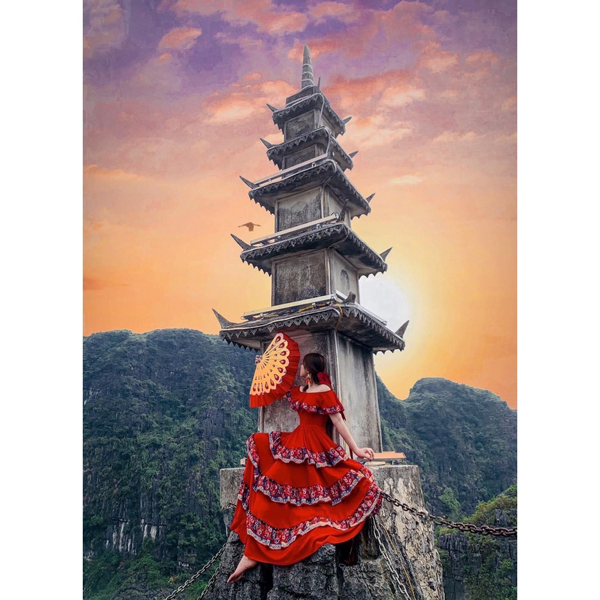Đầm maxi thổ cẩm BOHO đi biển bẹt vai họa tiết nhíu tầng cá tính dã ngoại phong cách XUKA-DRESS DT05(hình thật tự chụp)