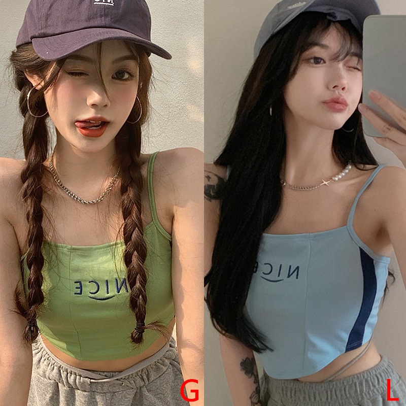 Áo hai dây dáng lửng thêu chữ phong cách Hàn Quốc trẻ trung dành cho nữ