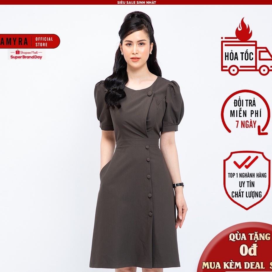 Đầm công sở nữ thiết kế tay phồng nút bộc AMYRA - Váy nữ dự tiệc trung niên sang trọng form dáng chữ A Da089 | BigBuy360 - bigbuy360.vn