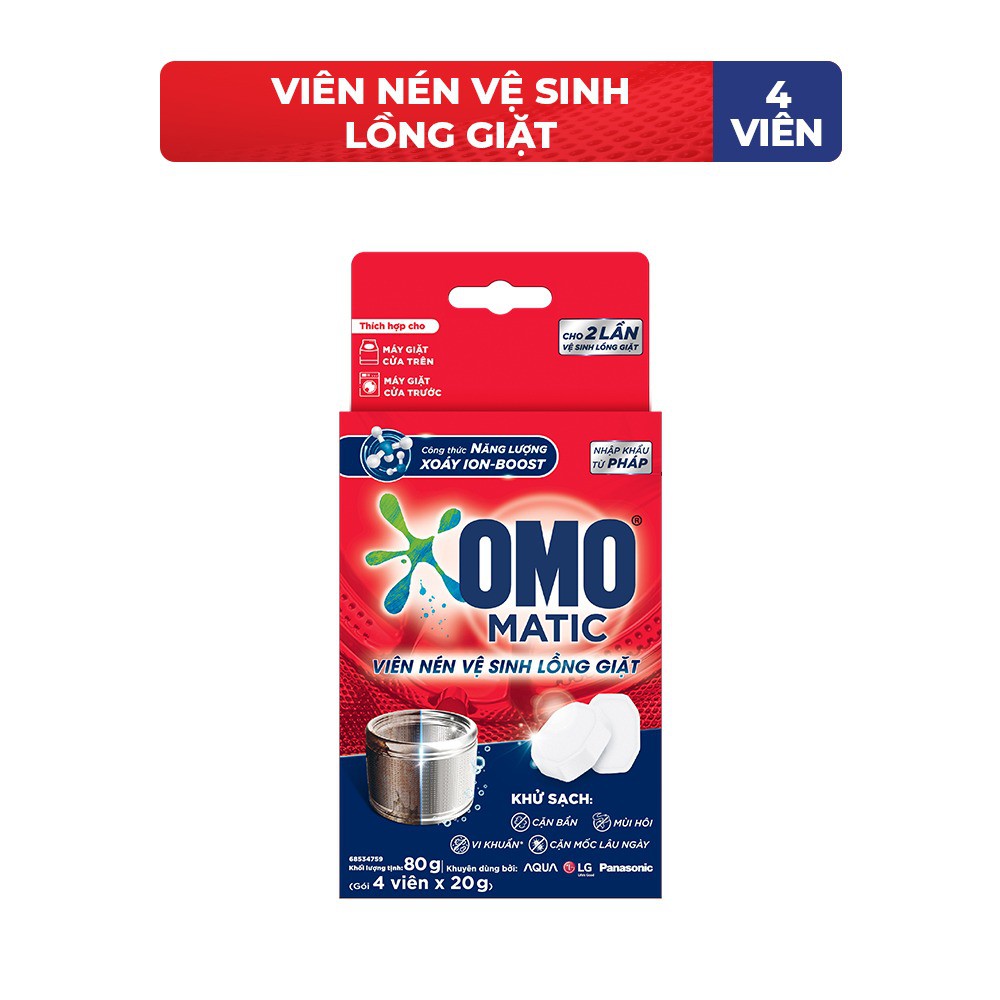 Hộp 4 Viên Nén Vệ Sinh Lồng Giặt OMO Matic Loại bỏ cặn bẩn, mùi hôi, vi khuẩn Tiện dụng Nhập khẩu từ Pháp 80g